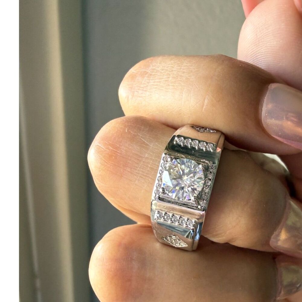 Men’s 1CT Moissanite Ring Size 10 Rhodium Plated Statement Ring